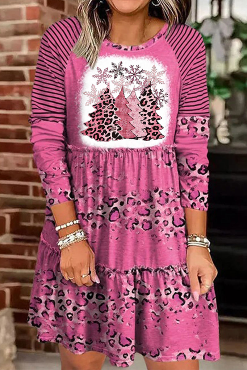 Leopard Christmas Trees Print Long Sleeve Dress  Fashionpara