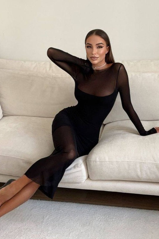 Sheer Mesh Long Sleeve Bodycon Maxi Dress 2