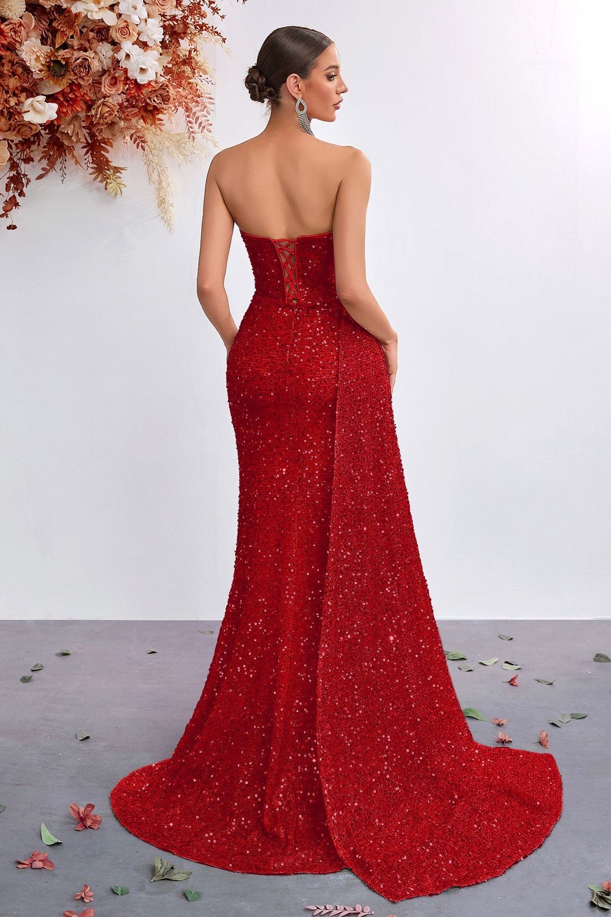 Sequin Strapless Sweetheart Ruched High-Slit Gown