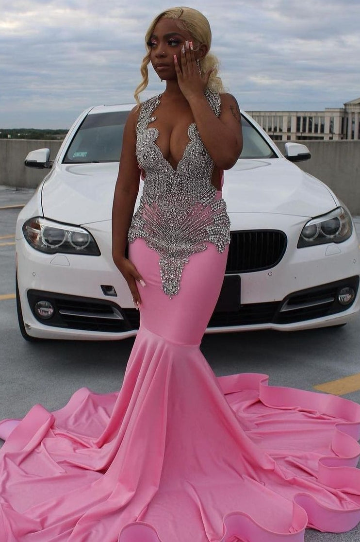 Elegant Long Pink Mermaid Court Train Prom Party Dresses wth Silver Beads - Fashionpara