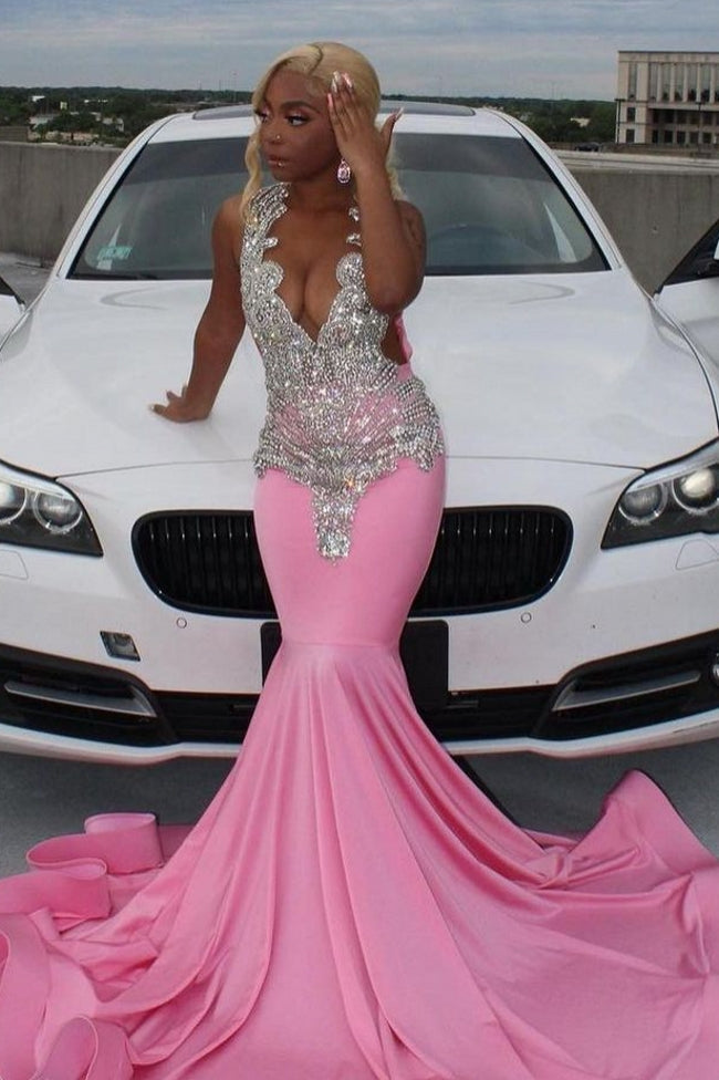 Elegant Long Pink Mermaid Court Train Prom Party Dresses wth Silver Beads - Fashionpara