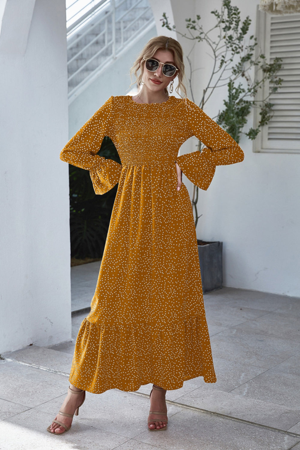 Printed Polka Dot Long Sleeve Dress - Fashionpara