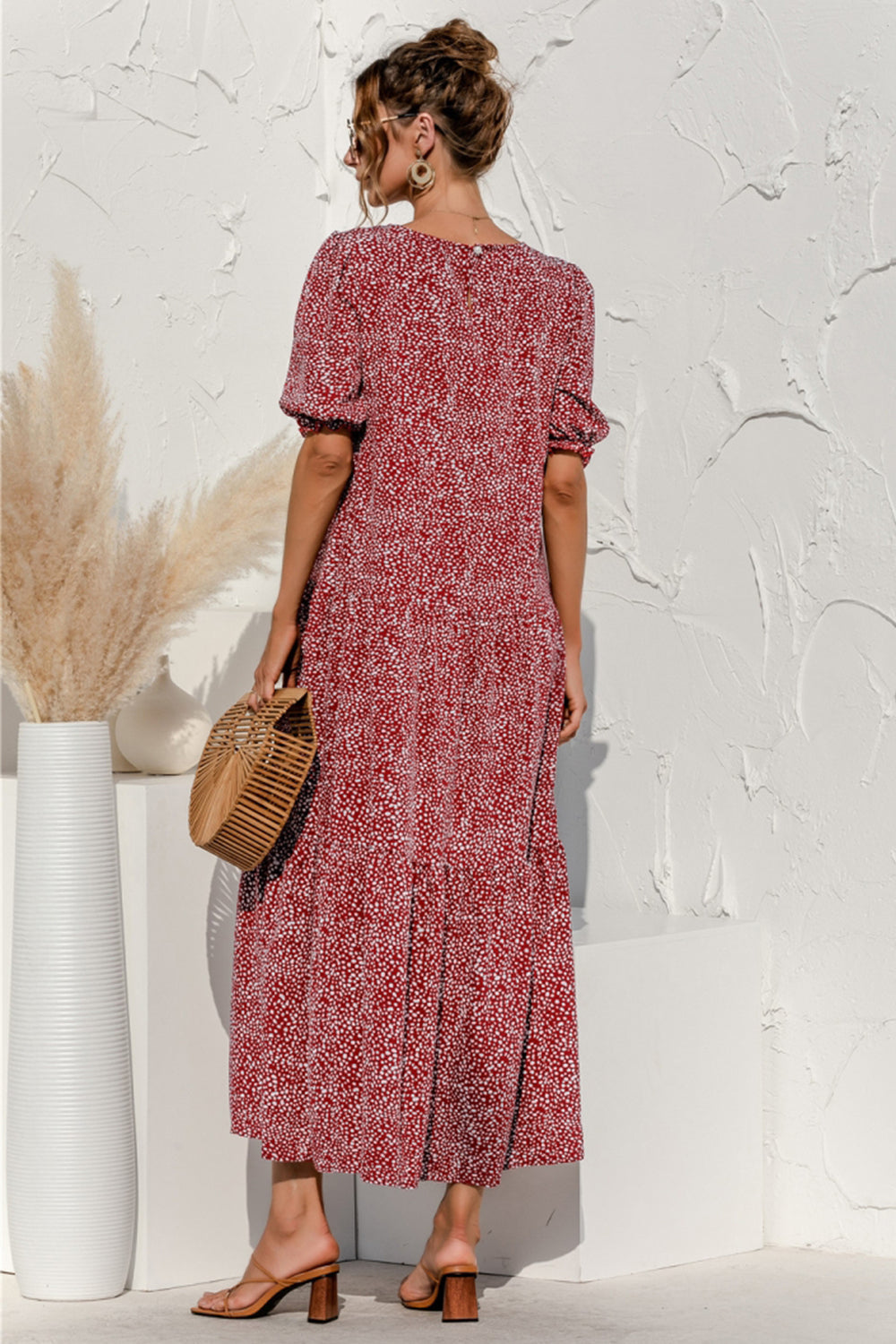 Puff Sleeve Polka Dot Plaid Patchwork Long Dress - Fashionpara