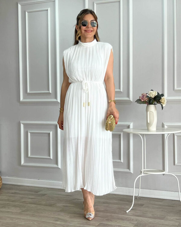 Pleated High-Neck Sleeveless Belted Midi Dress