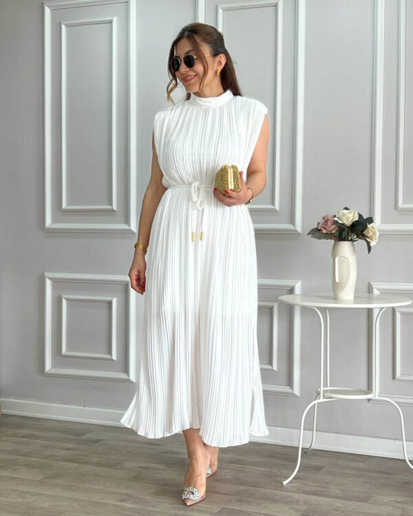 Pleated High-Neck Sleeveless Belted Midi Dress 2