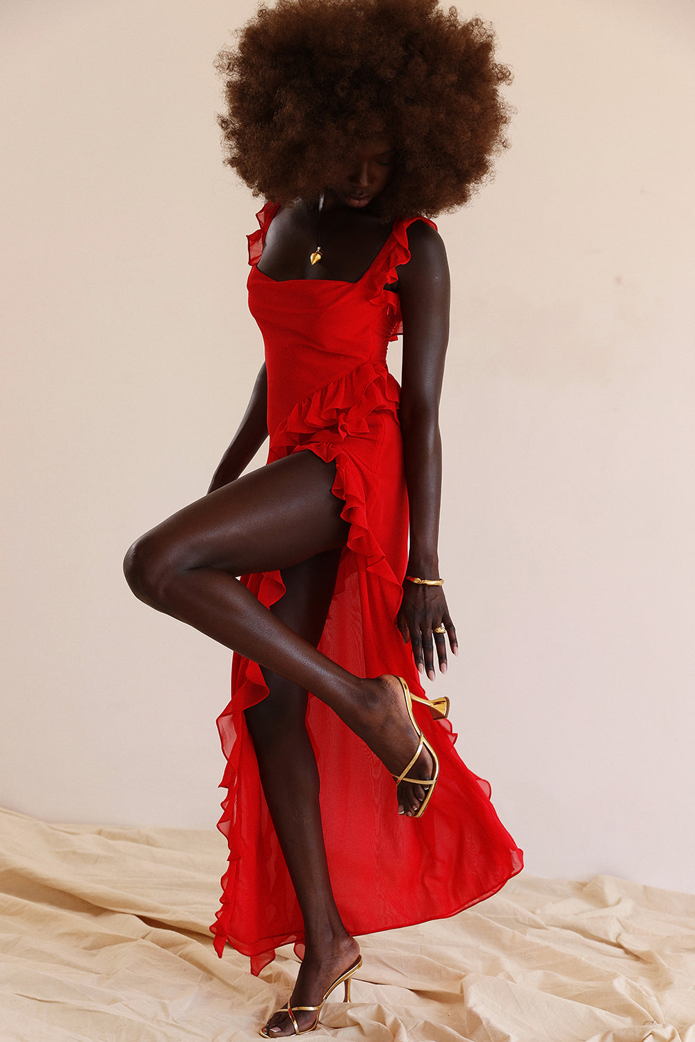 Square Neck Ruffle Strap High Split Asymmetrical Cascade Maxi Dress 65