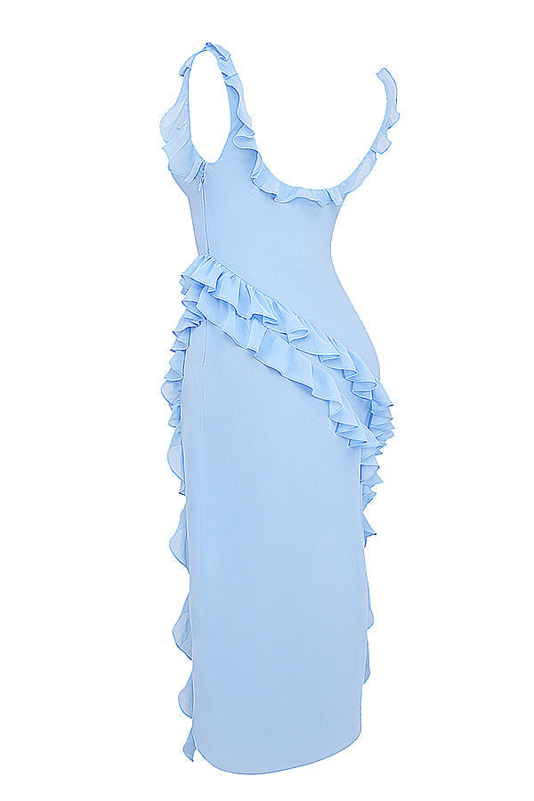 Square Neck Ruffle Strap High Split Asymmetrical Cascade Maxi Dress 50