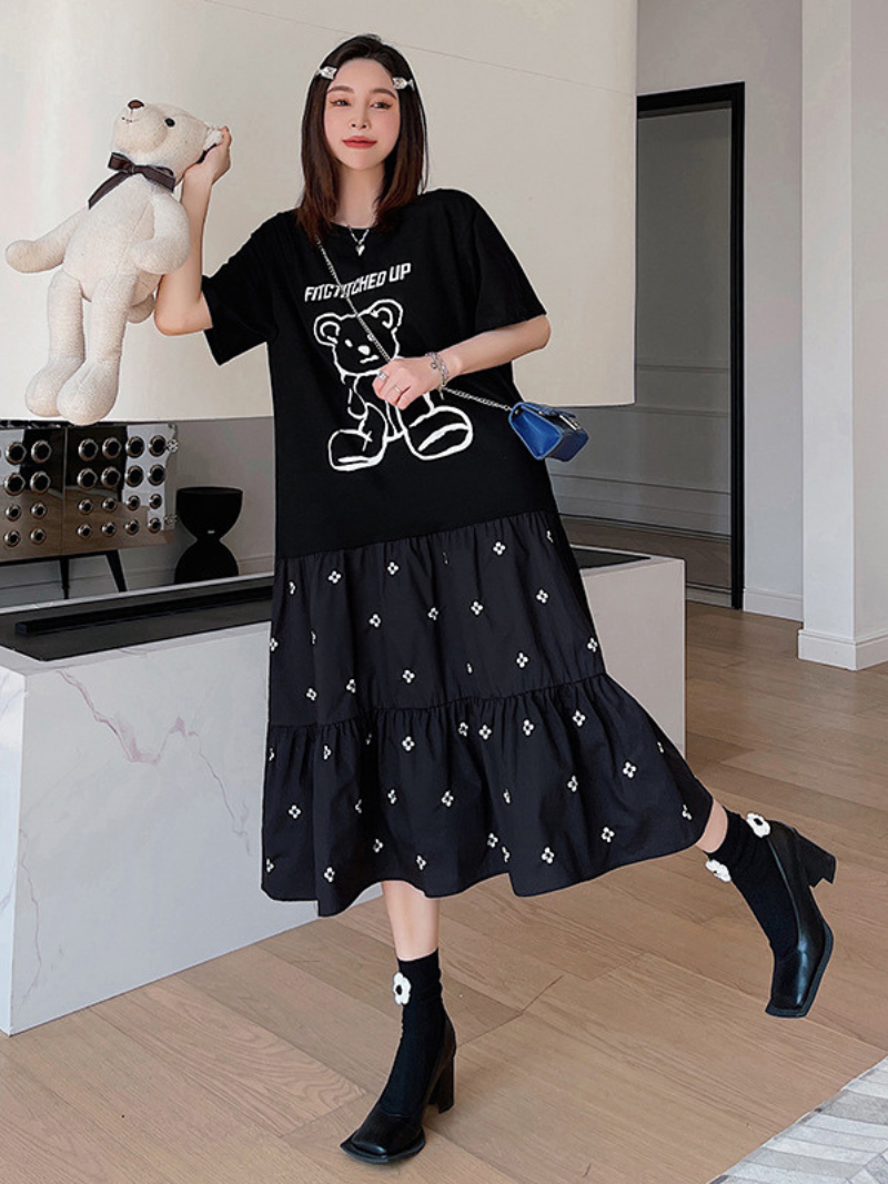 Bear Graphic Print Short Sleeve Tiered Midi Dress 4