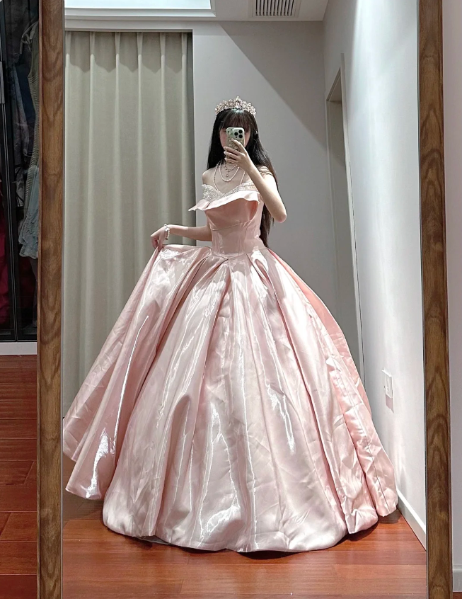Princess Pink Strapless Ruffled Neck Satin Floor-Length Ball Gown Evening Gown 16th Birthday Gown P4110
