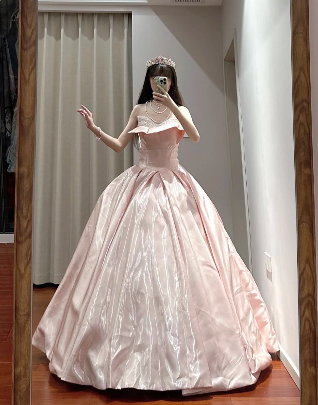 Princess Pink Strapless Ruffled Neck Satin Floor-Length Ball Gown Evening Gown 16th Birthday Gown P4110