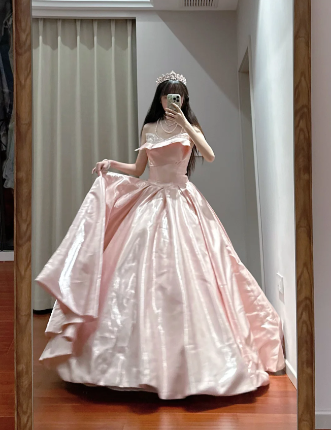 Princess Pink Strapless Ruffled Neck Satin Floor-Length Ball Gown Evening Gown 16th Birthday Gown P4110