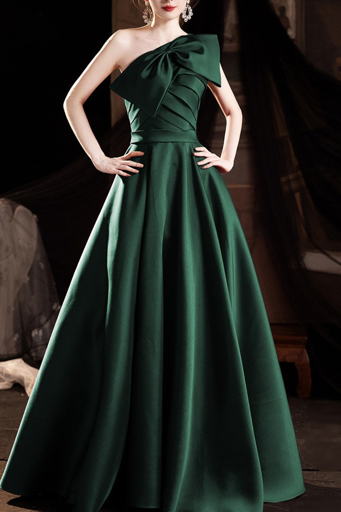 Satin One Shoulder Pleated A-Line Maxi Gown - View 4