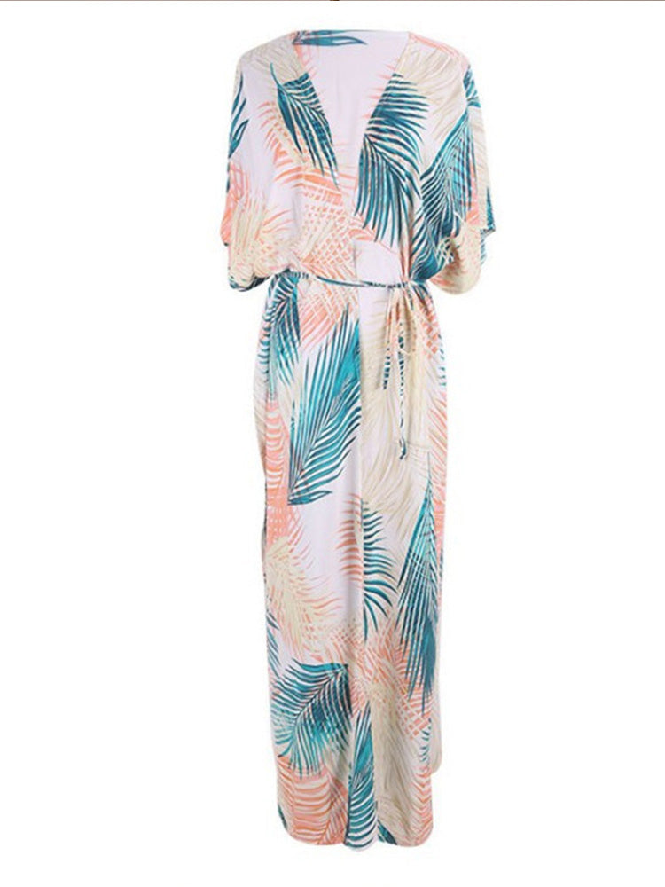 Picnic Partywear Leaf Print Beige Color Cotton Long Length Gown Kimono Duster Robe - Fashionpara