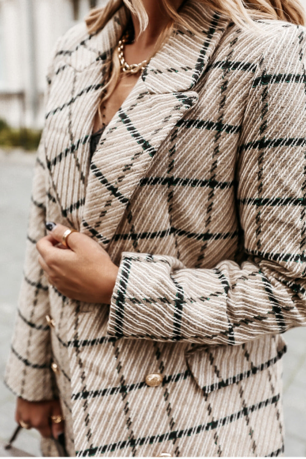 Elegant Woolen Print Mid-Length Lapel Coat for Stylish Wear