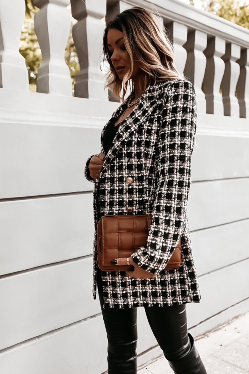 Elegant Woolen Print Mid-Length Lapel Coat for Stylish Wear