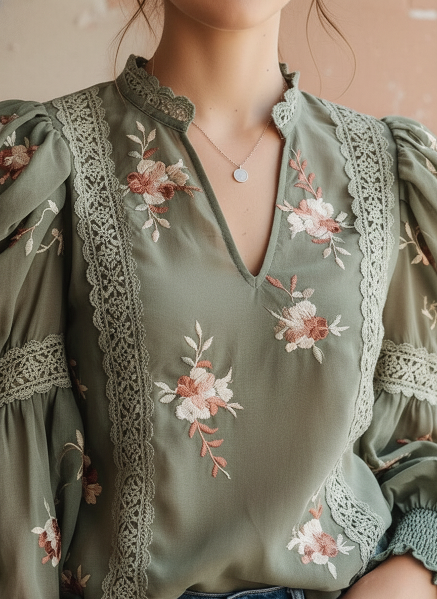 The Embroidered Sage Puff-Sleeve Blouse