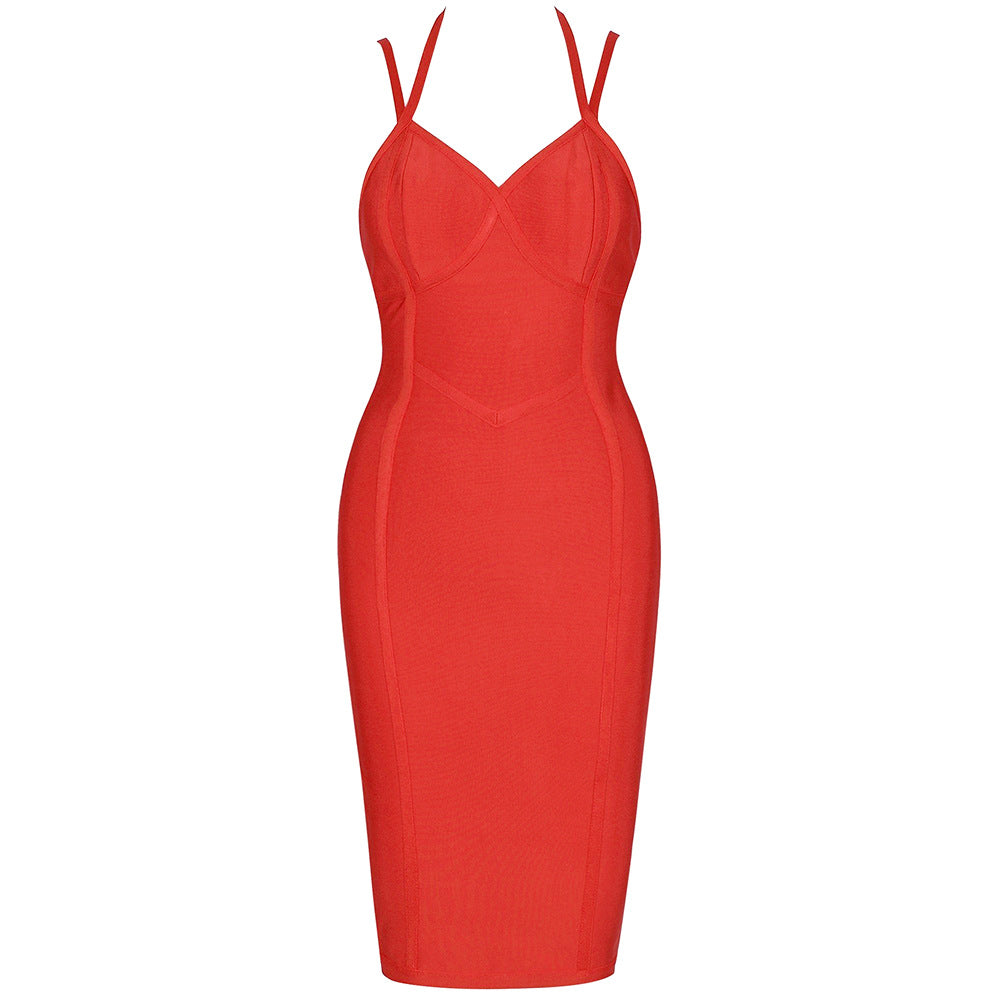 Unique Halter Bandage Bodycon Midi Cocktail Party Dress - Red