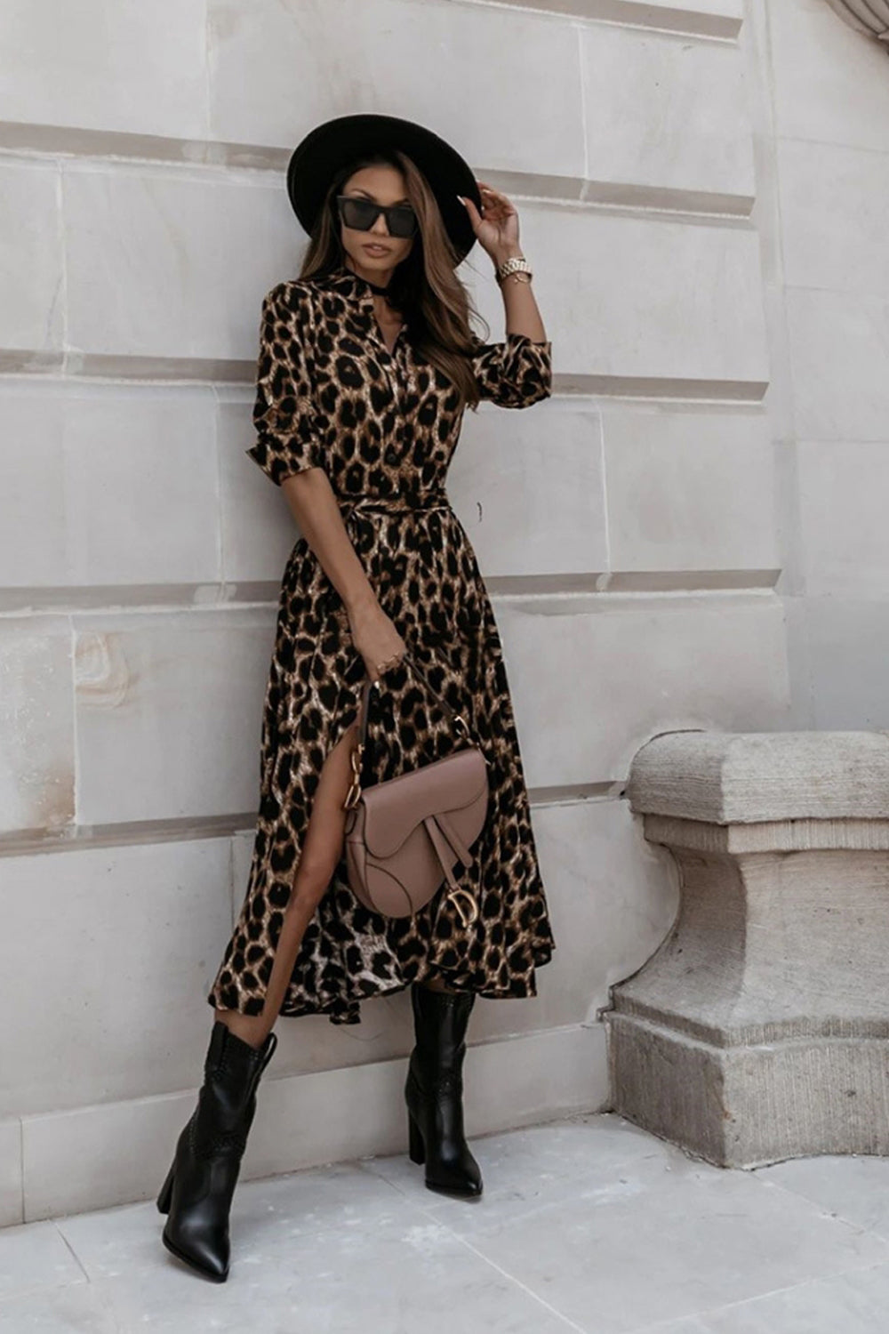 Long Sleeve Leopard Printed Dress - Fashionpara