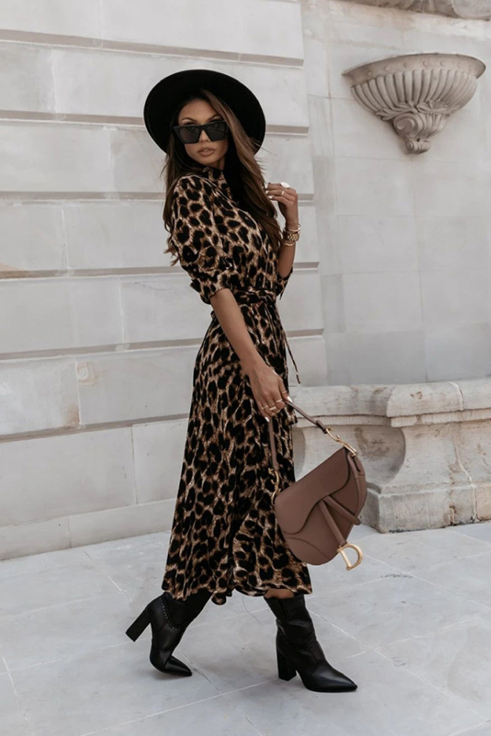 Long Sleeve Leopard Printed Dress