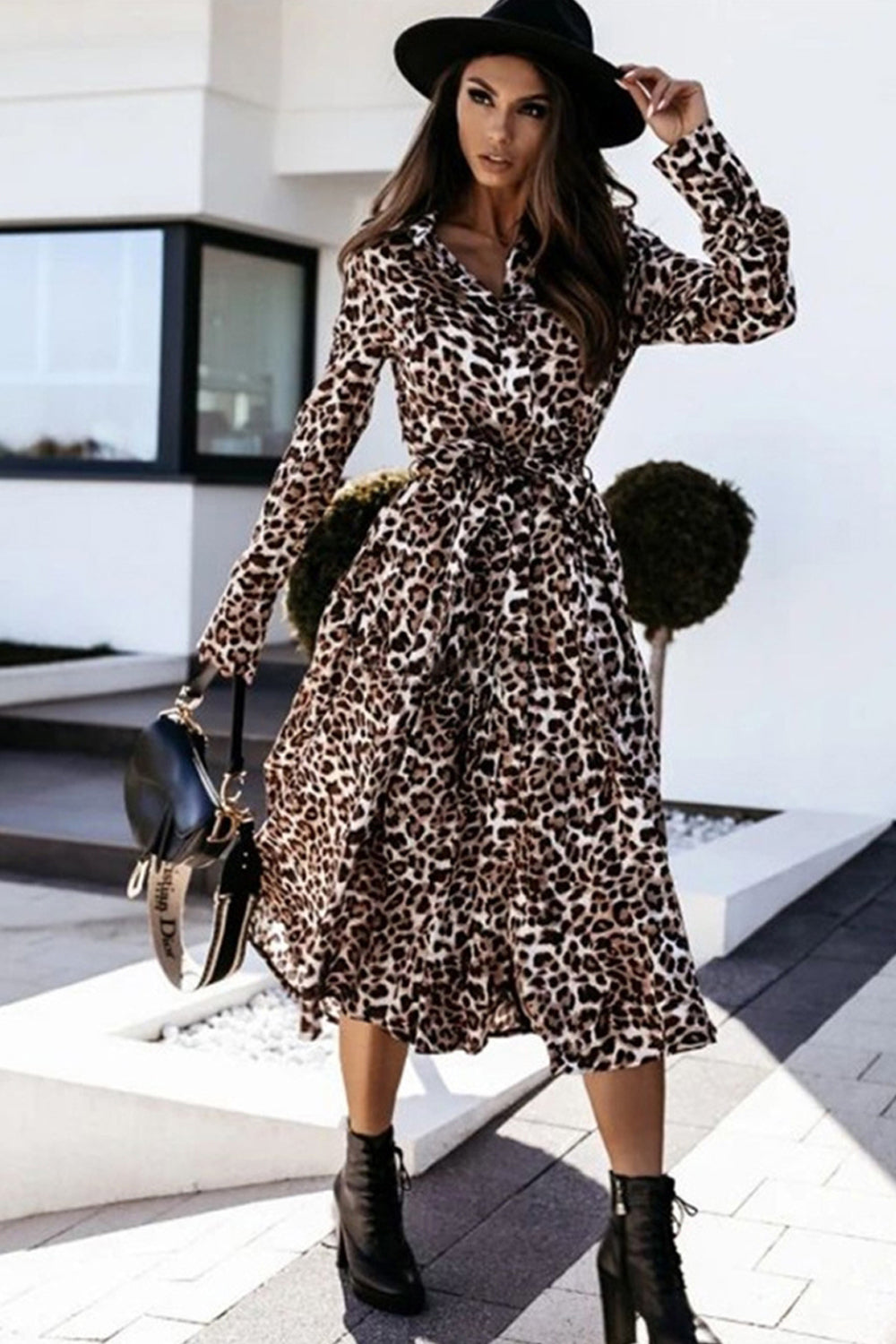 Long Sleeve Leopard Printed Dress - Fashionpara