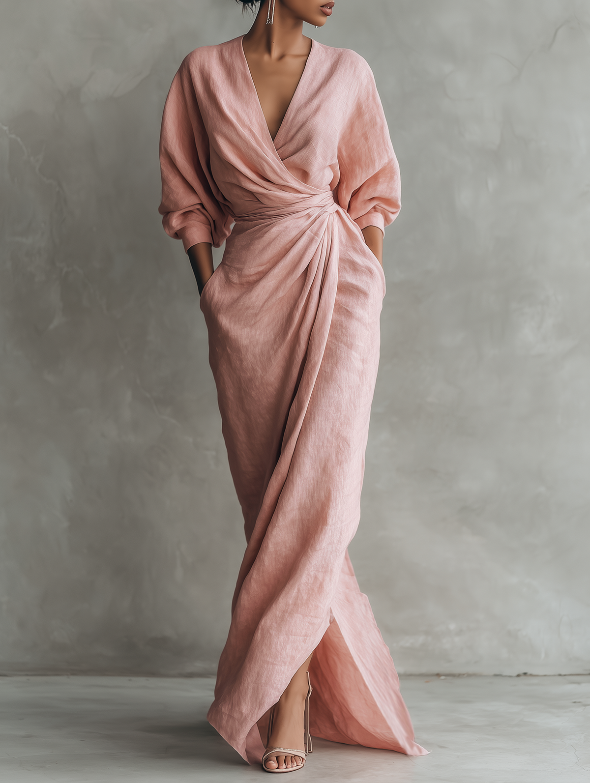 Deep V-Neck Batwing Sleeve Twist Front Draped Maxi Gown