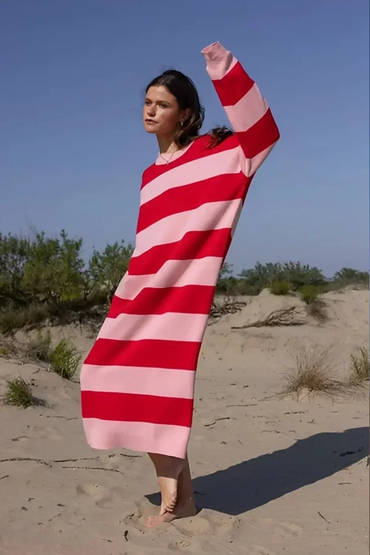 Striped Knit Crew Neck Long Sleeve Oversized Midi Dress - View 3