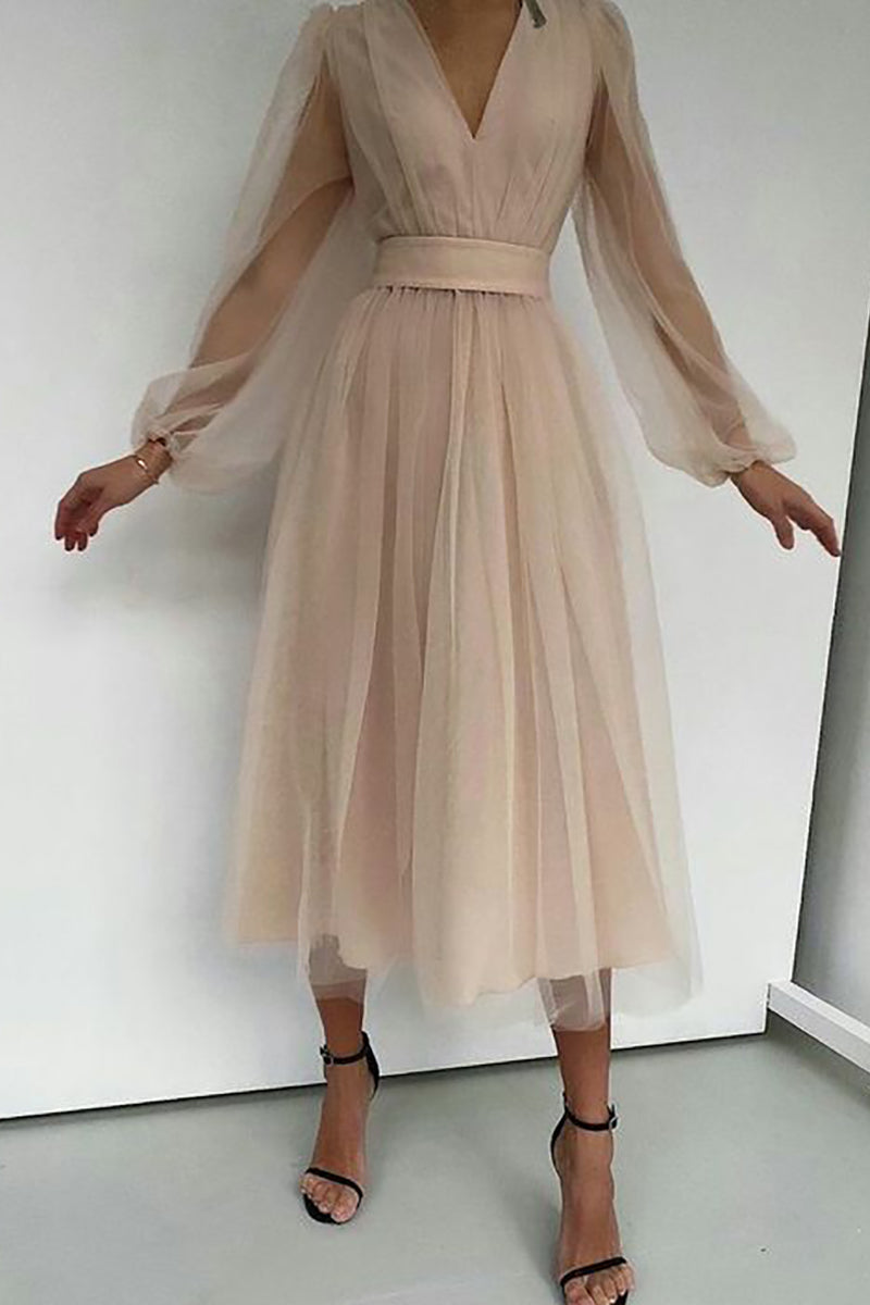 Tulle Deep V-Neck Split Lantern Sleeve Pleated A-Line Midi Dress