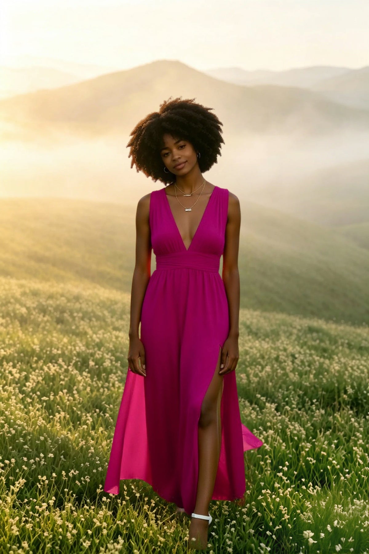 Chiffon Deep V-Neck Sleeveless Slit Maxi Dress
