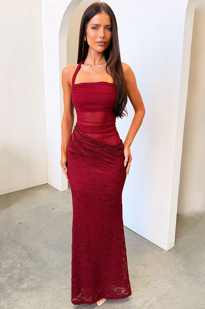 Lace Halter Mesh Cutout Backless Mermaid Maxi Dress