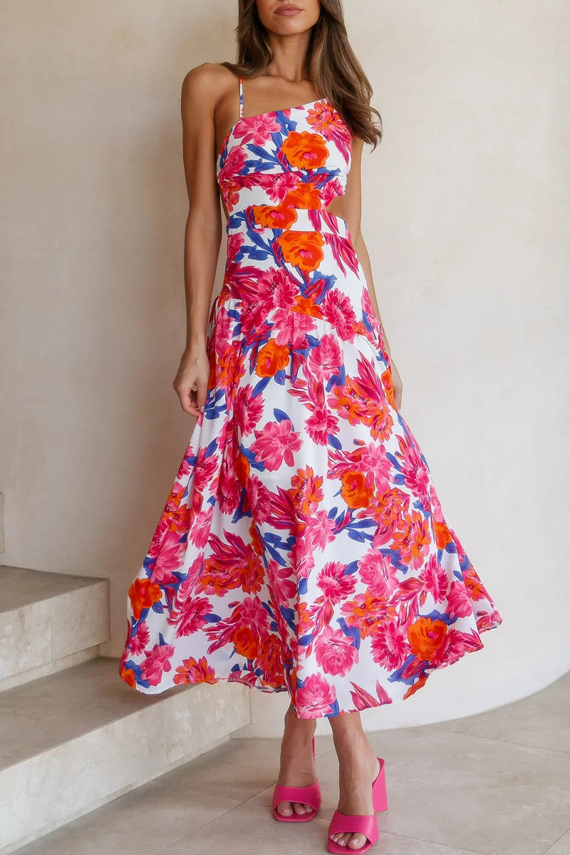 Floral Print One Shoulder Spaghetti Strap Side A-Line Midi Dress