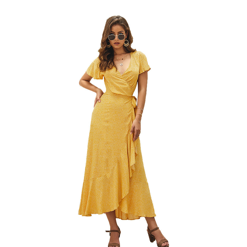Floral Print V-Neck Flutter Sleeve Wrap Maxi Dress