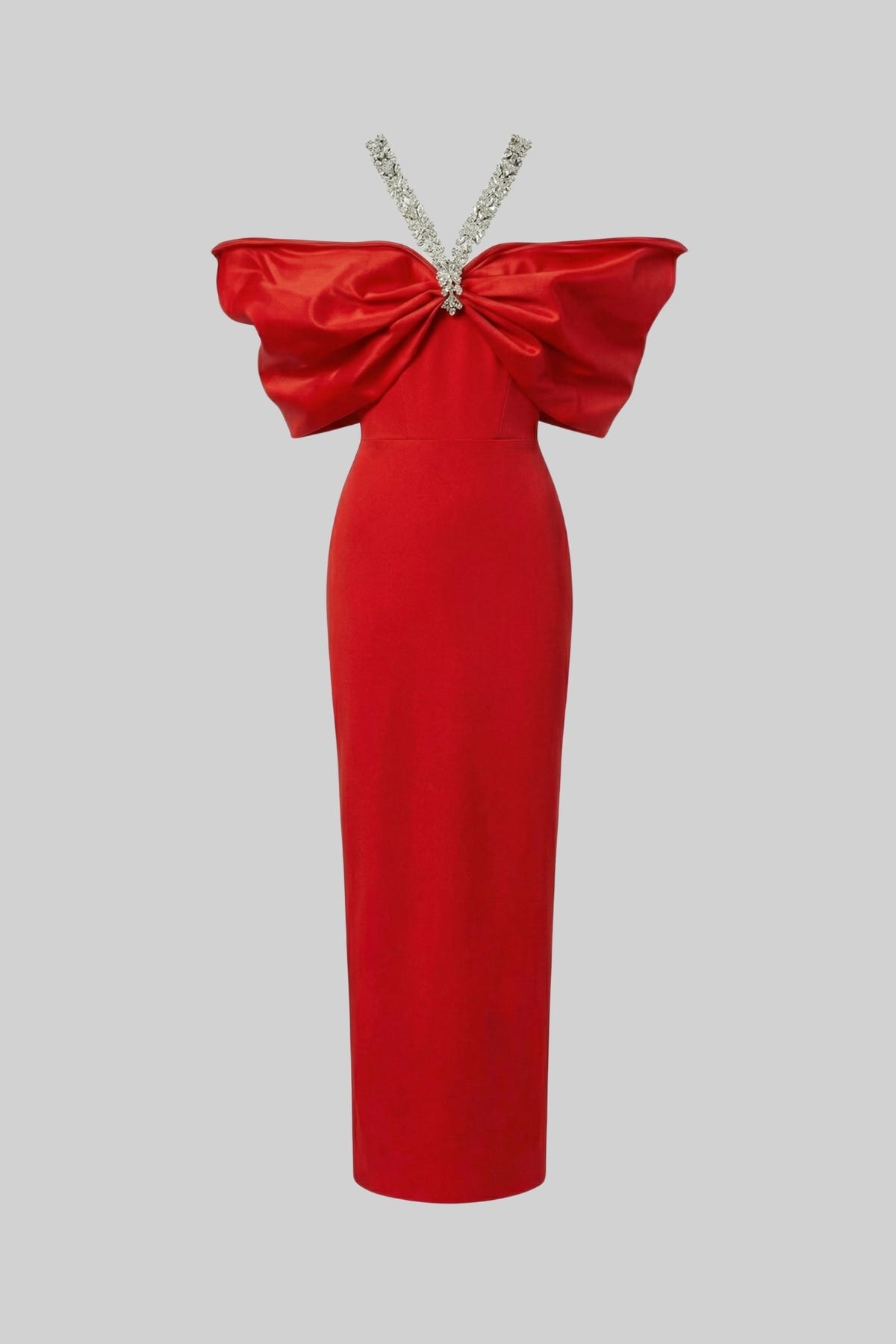 Crystal Strap Off Shoulder Oversized Bow Column Maxi Gown - View 2