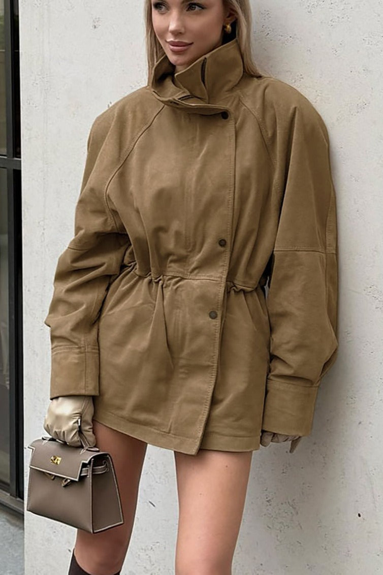 High Neck Cinched Waist Suede Jacket 2