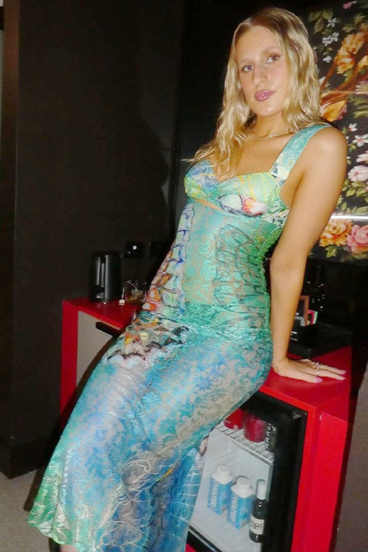 Printed Lace Sweetheart Sheer Slip Maxi Dress