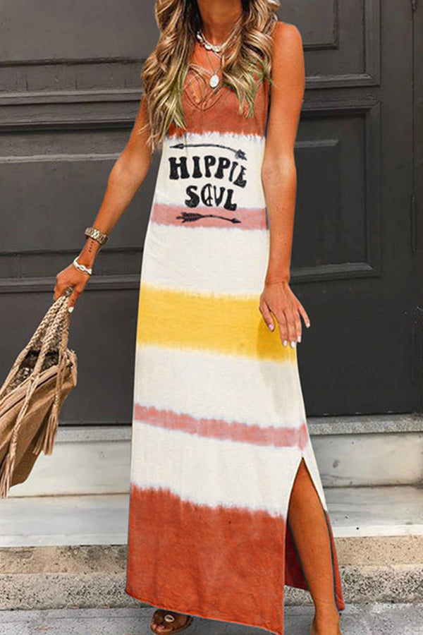 Tie-Dye Graphic Print V-Neck Sleeveless Side-Slit Maxi Dress 3