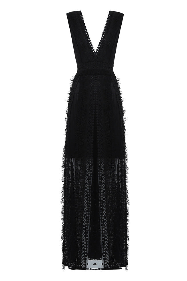 Black See Through V-neck Cutout Long Dress