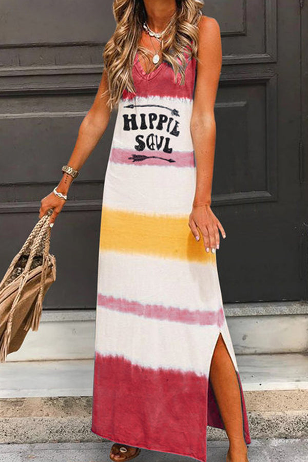 Tie-Dye Graphic Print V-Neck Sleeveless Side-Slit Maxi Dress
