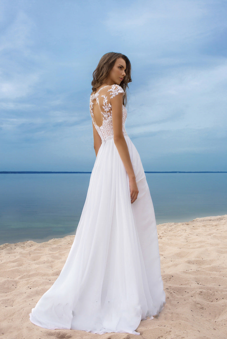 Lace Off Shoulder Cap Sleeve Chiffon High Split A Line Maxi Dress