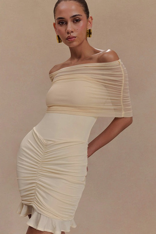 Ruched Ruffle Mesh Mini Dress