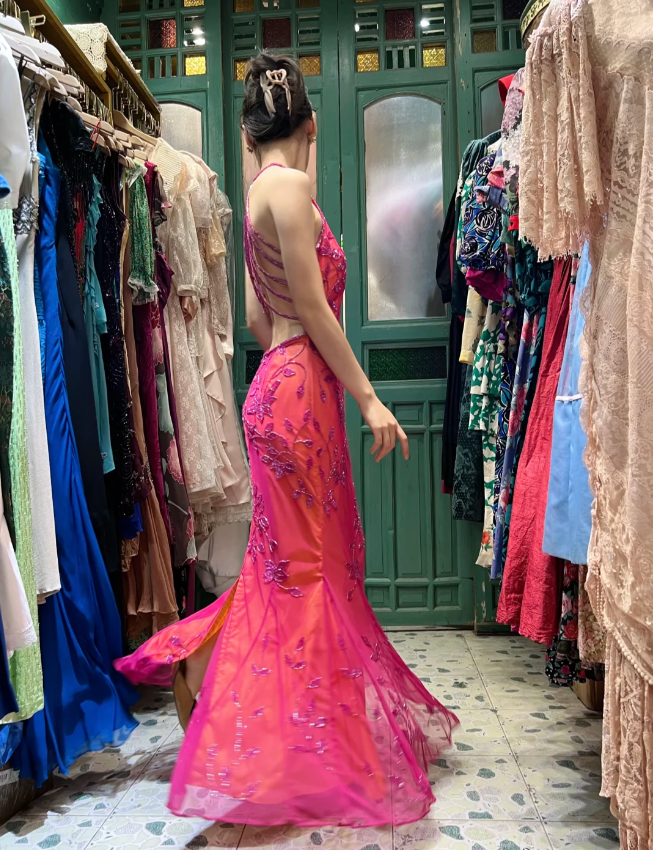 Retro Orange-Pink Mermaid Halter Neck Backless Beaded Tulle Long Prom Dress Evening Dress P4114