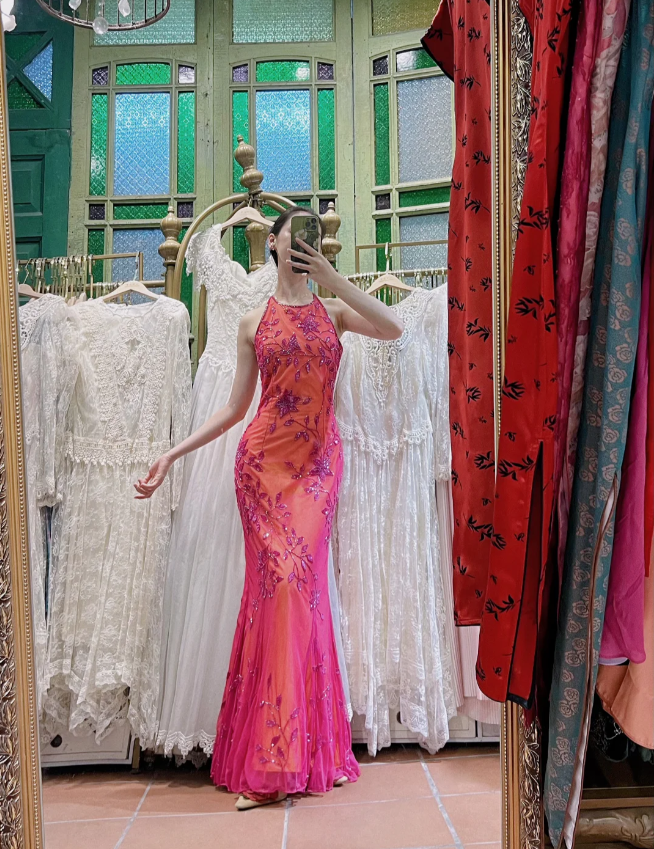 Retro Orange-Pink Mermaid Halter Neck Backless Beaded Tulle Long Prom Dress Evening Dress P4114