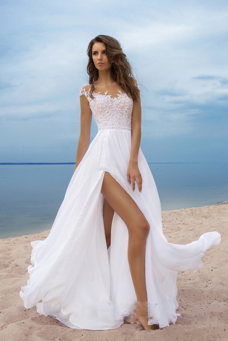 Lace Off Shoulder Cap Sleeve Chiffon High Split A Line Maxi Dress