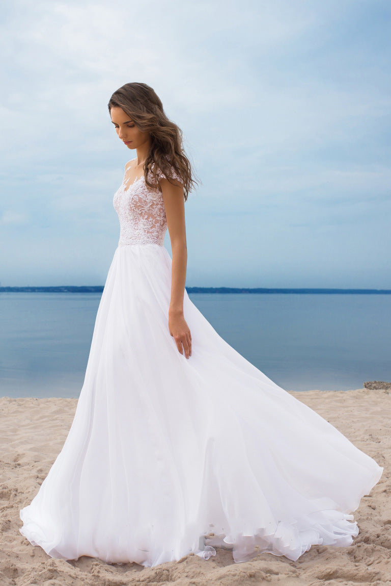 Lace Off Shoulder Cap Sleeve Chiffon High Split A Line Maxi Dress