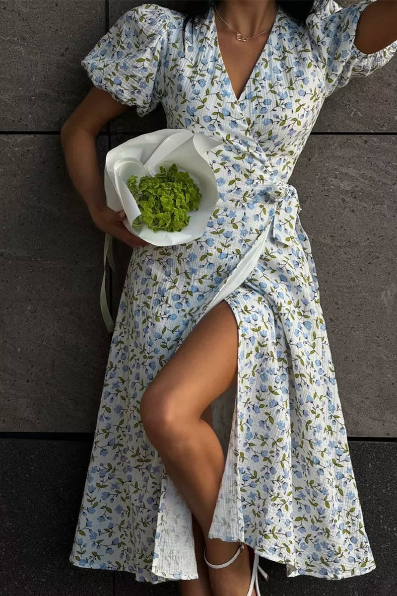 Floral V-Neck Puff Sleeve Wrap A-Line Midi Dress 3