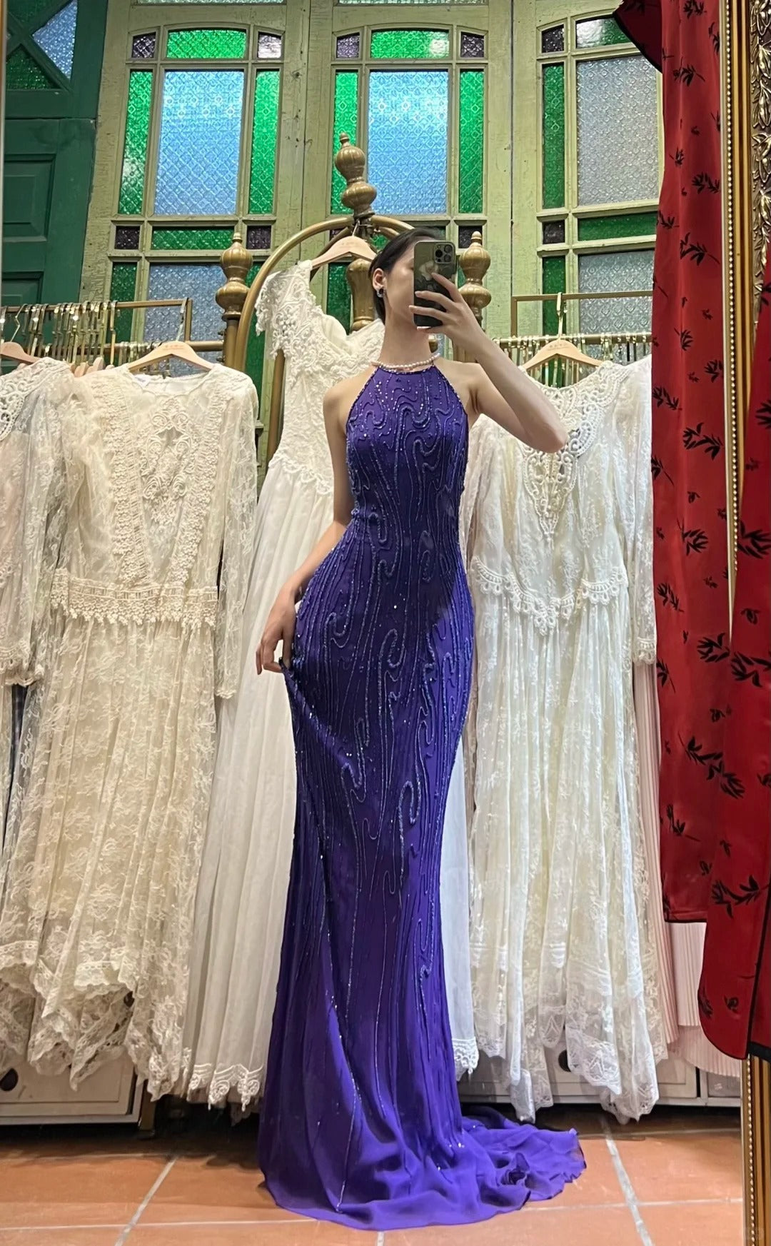 Vintage Deep Purple Mermaid Halter Neck Backless Beaded Chiffon Prom Dress Evening Dress P4115