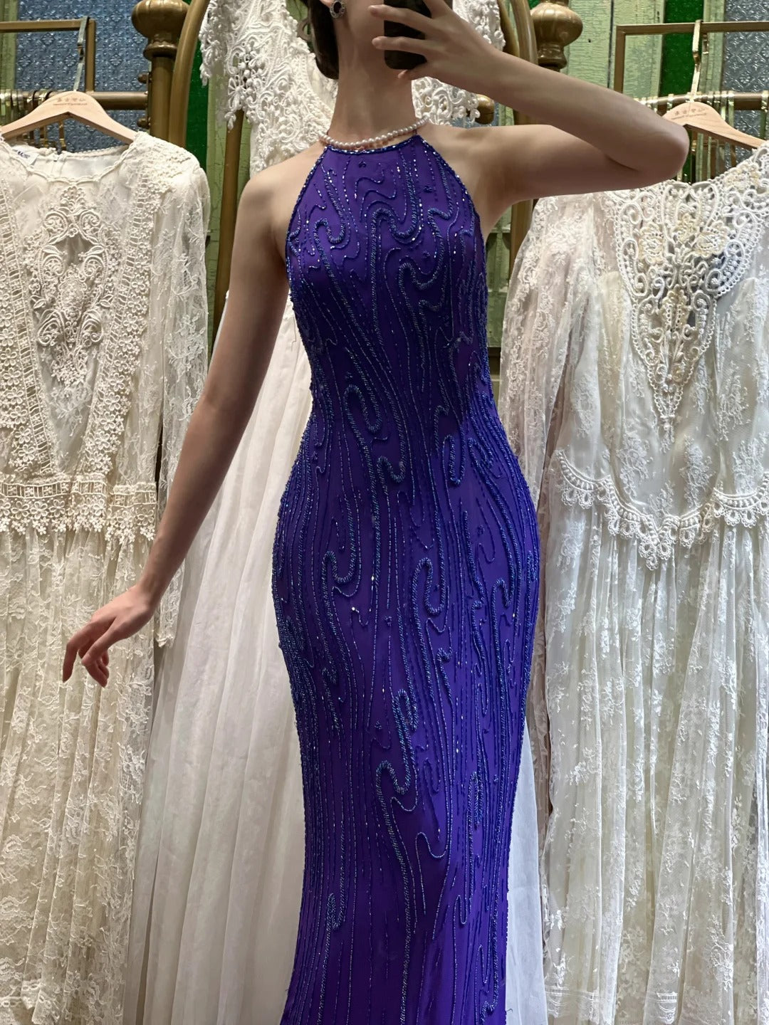 Vintage Deep Purple Mermaid Halter Neck Backless Beaded Chiffon Prom Dress Evening Dress P4115