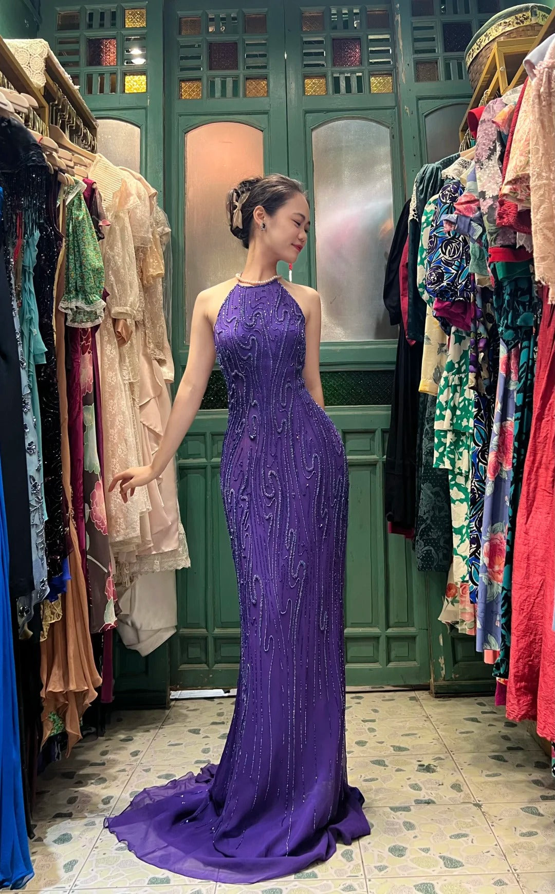 Vintage Deep Purple Mermaid Halter Neck Backless Beaded Chiffon Prom Dress Evening Dress P4115