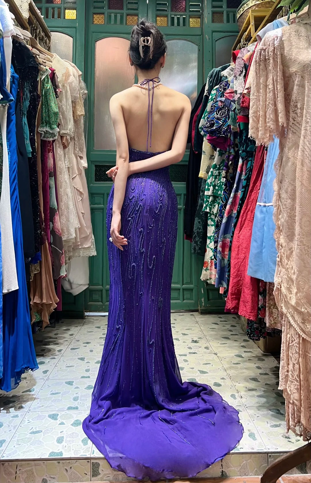 Vintage Deep Purple Mermaid Halter Neck Backless Beaded Chiffon Prom Dress Evening Dress P4115