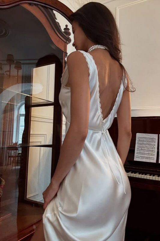 Lace Trim Cowl Neck Sleeveless Satin Slip Midi Dress 4