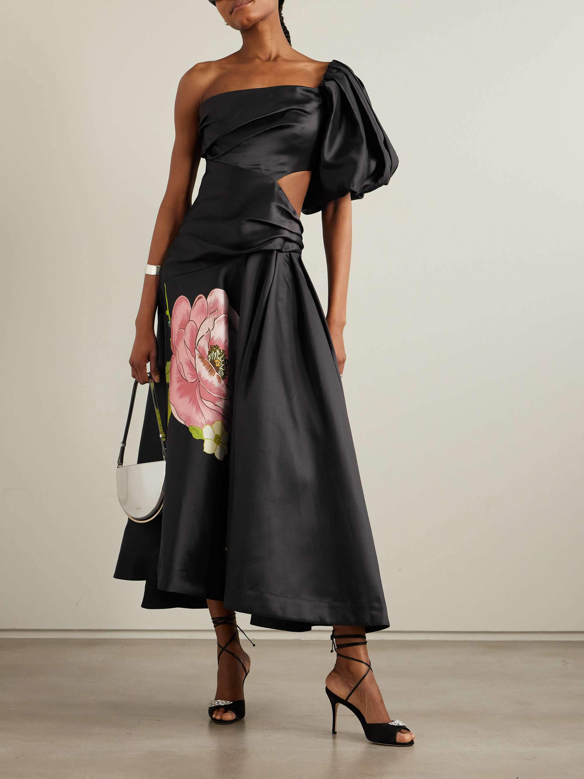 One Shoulder Hollow Floral Print Midi Dress - Fashionpara